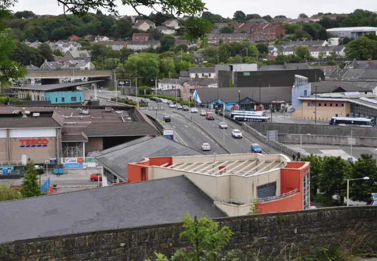 elevated town view in bridgend with roads and rooftops