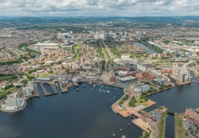 aerial view over cardiff and the bay