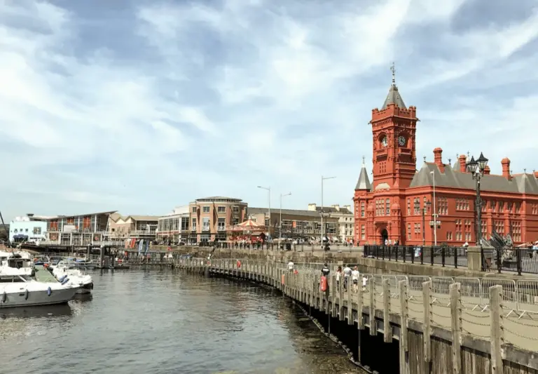 waterfront view in rhoose with harbour buildings and a red brick tower