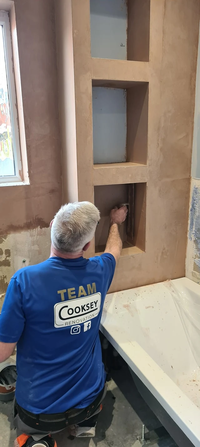 bathroom plastering bath niche skim coat barry vale of glamorgan cooksey renovation